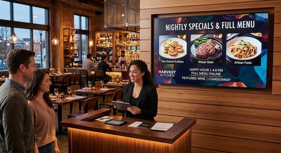 Digital menu board display mounted behind a restaurant host stand while people check in for their reservation