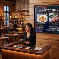 Digital menu board display mounted behind a restaurant host stand while people check in for their reservation